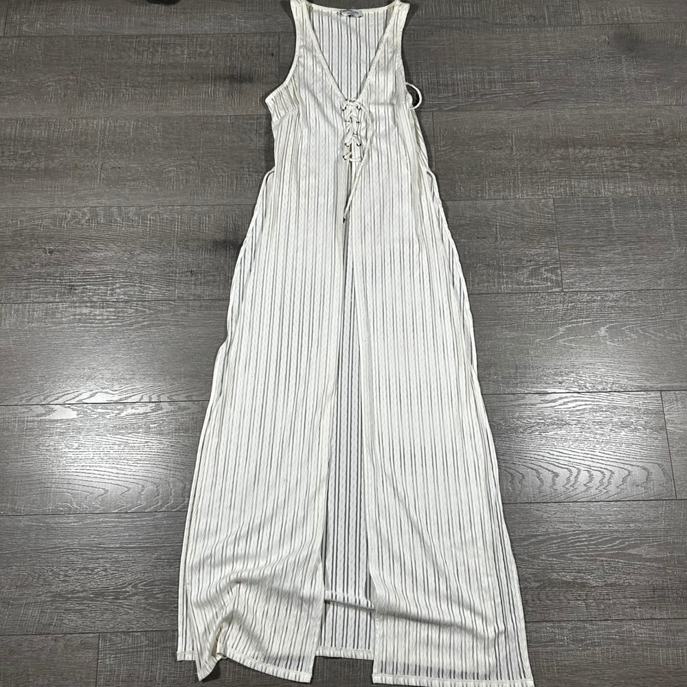 Bebe Striped Lace Up V Neck Maxi Dress Cover Up White Black S P